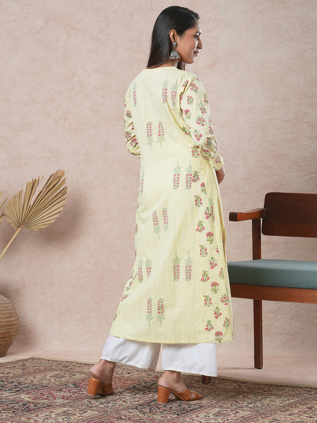 A-line cotton kurta  with embroidered neckline and blend of two different prints