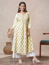 A flared cotton kurta  with embroidered neckline and blend of two different prints.