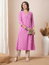 Dhabu print a line kurta with intricate hand embroidery.