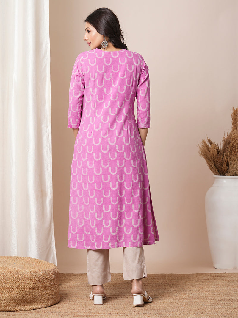 Dhabu print a line kurta with intricate hand embroidery.