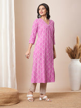 Dhabu print a line kurta with intricate hand embroidery.