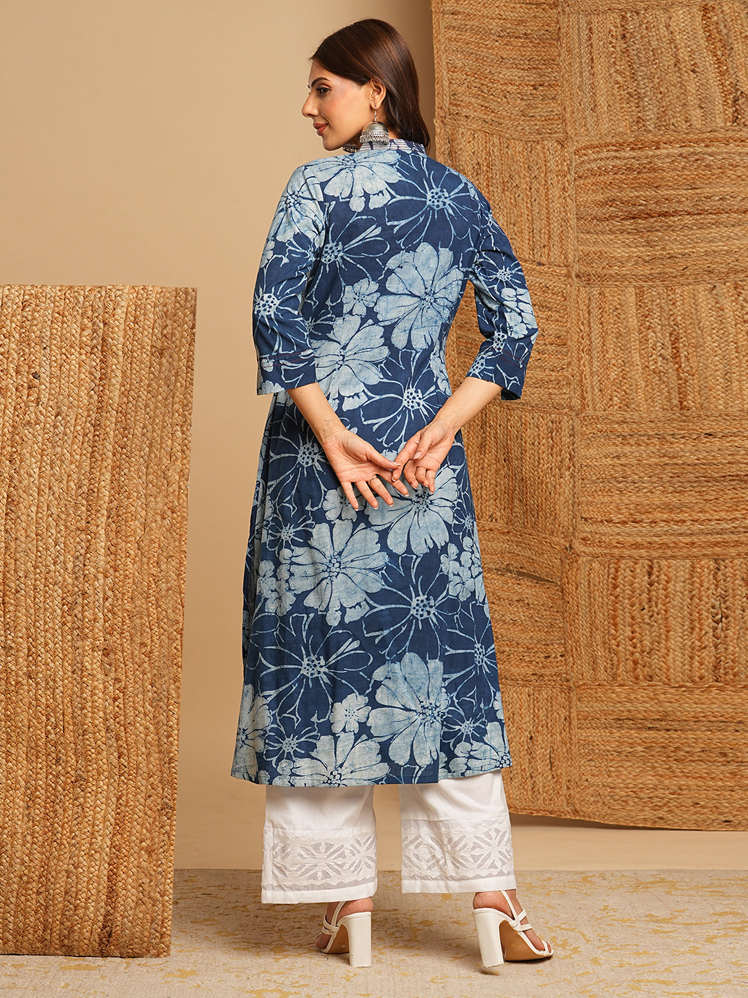 A-line kurta in dhabu print with hand embroidery detailing