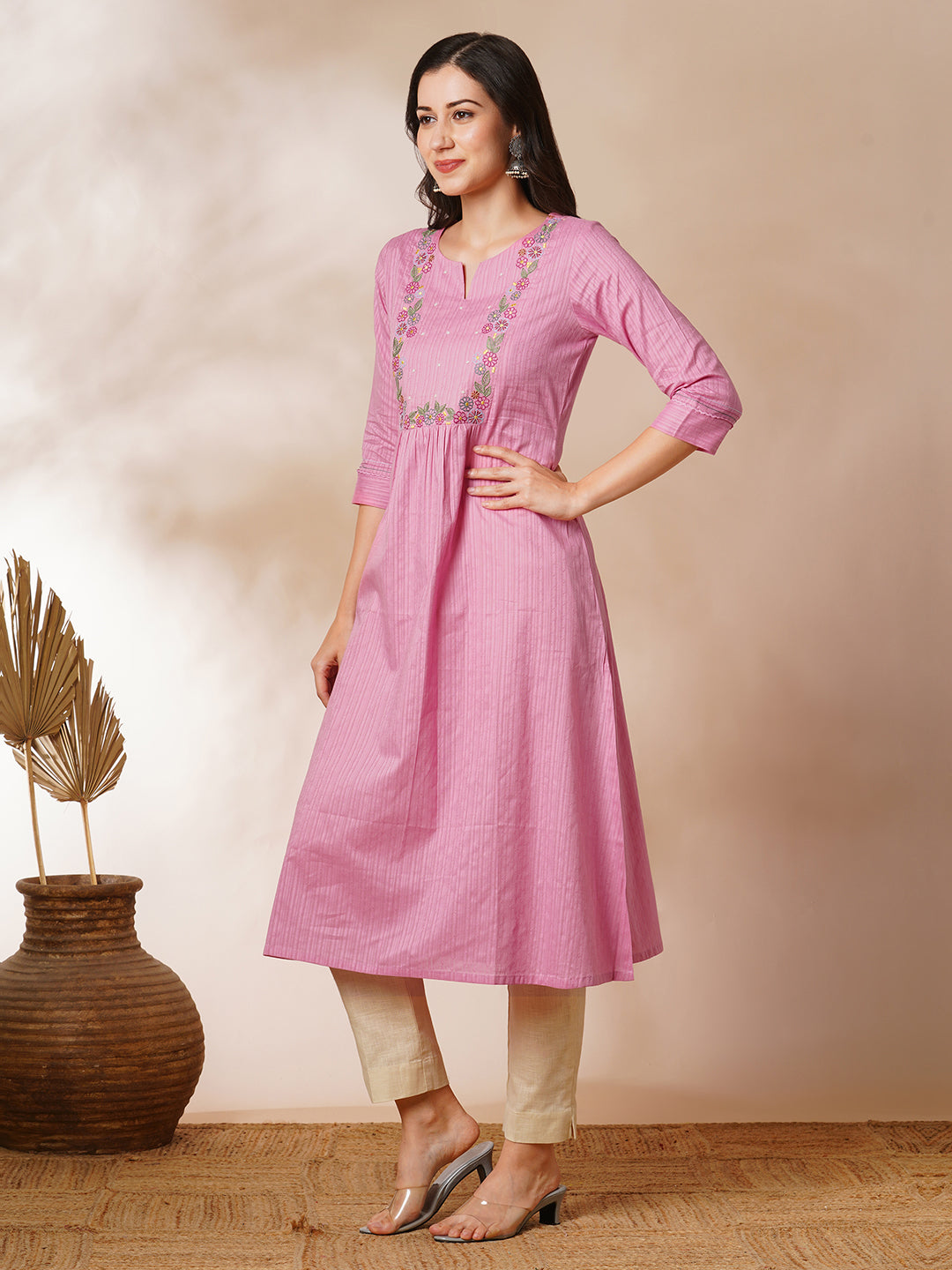 A-line kurta with beautifully embroidered yoke with beadwork detailing