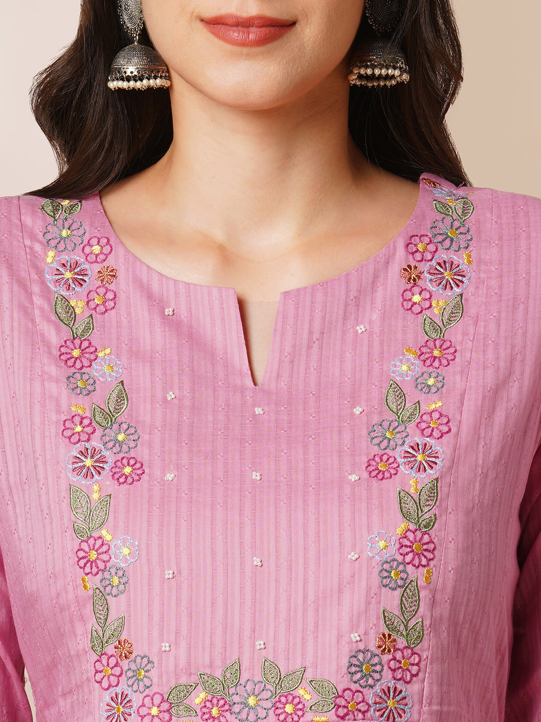 A-line kurta with beautifully embroidered yoke with beadwork detailing