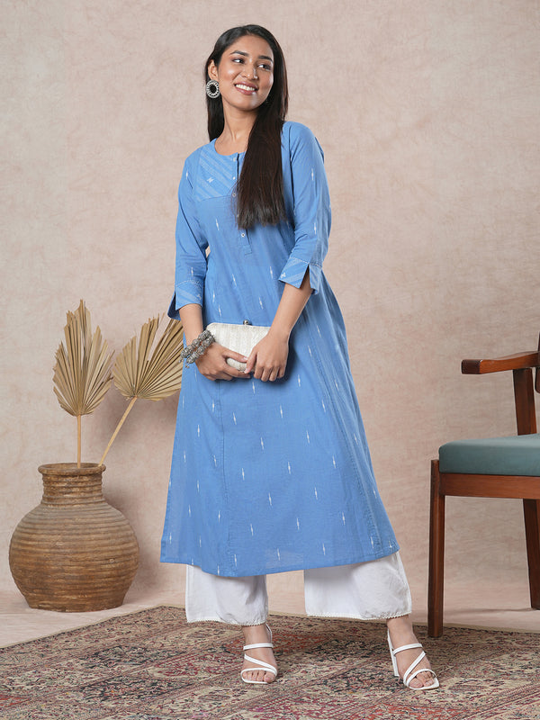 Woven A-line kurta with hand embroidered placket and sleeve border.