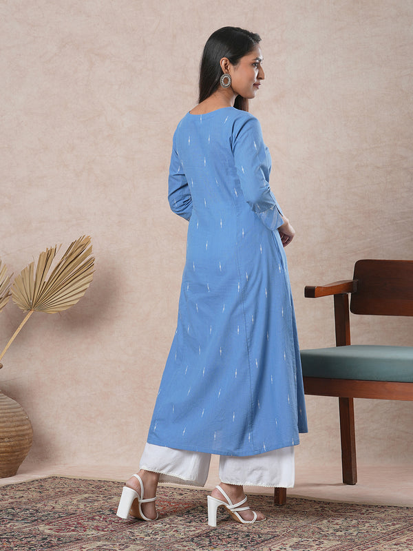 Woven A-line kurta with hand embroidered placket and sleeve border.