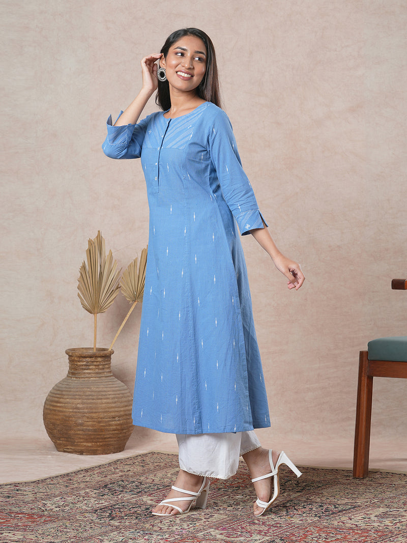 Woven A-line kurta with hand embroidered placket and sleeve border.