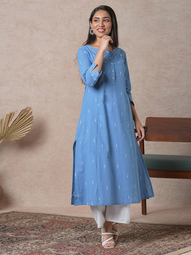 Woven A-line kurta with hand embroidered placket and sleeve border.