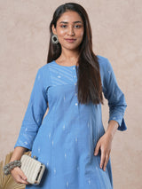 Woven A-line kurta with hand embroidered placket and sleeve border.