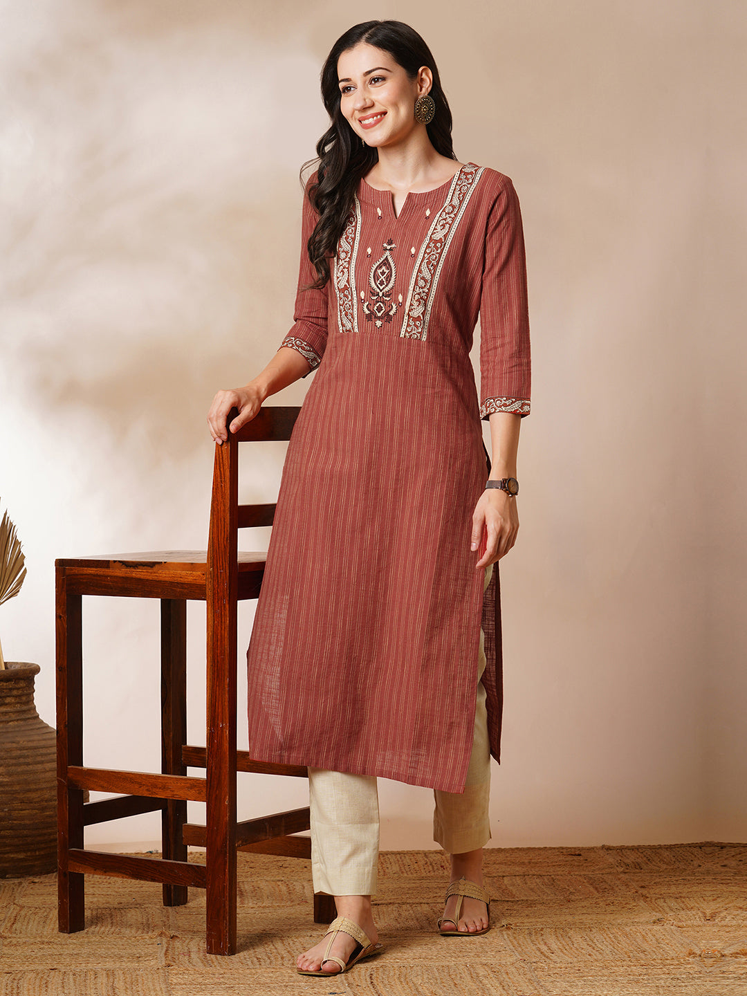 Straight kurta in striped cotton fabric with block printed yoke