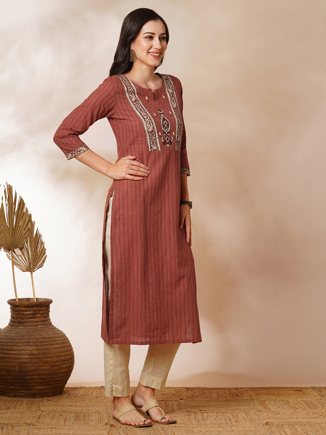 Straight kurta in striped cotton fabric with block printed yoke