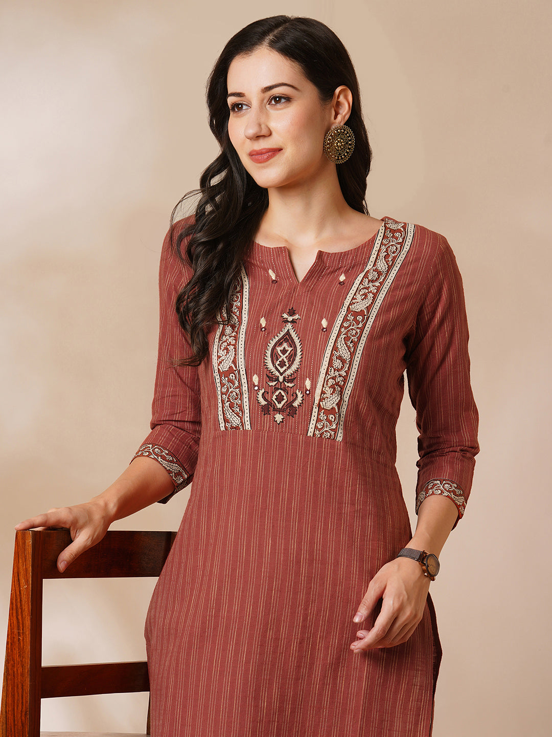 Straight kurta in striped cotton fabric with block printed yoke