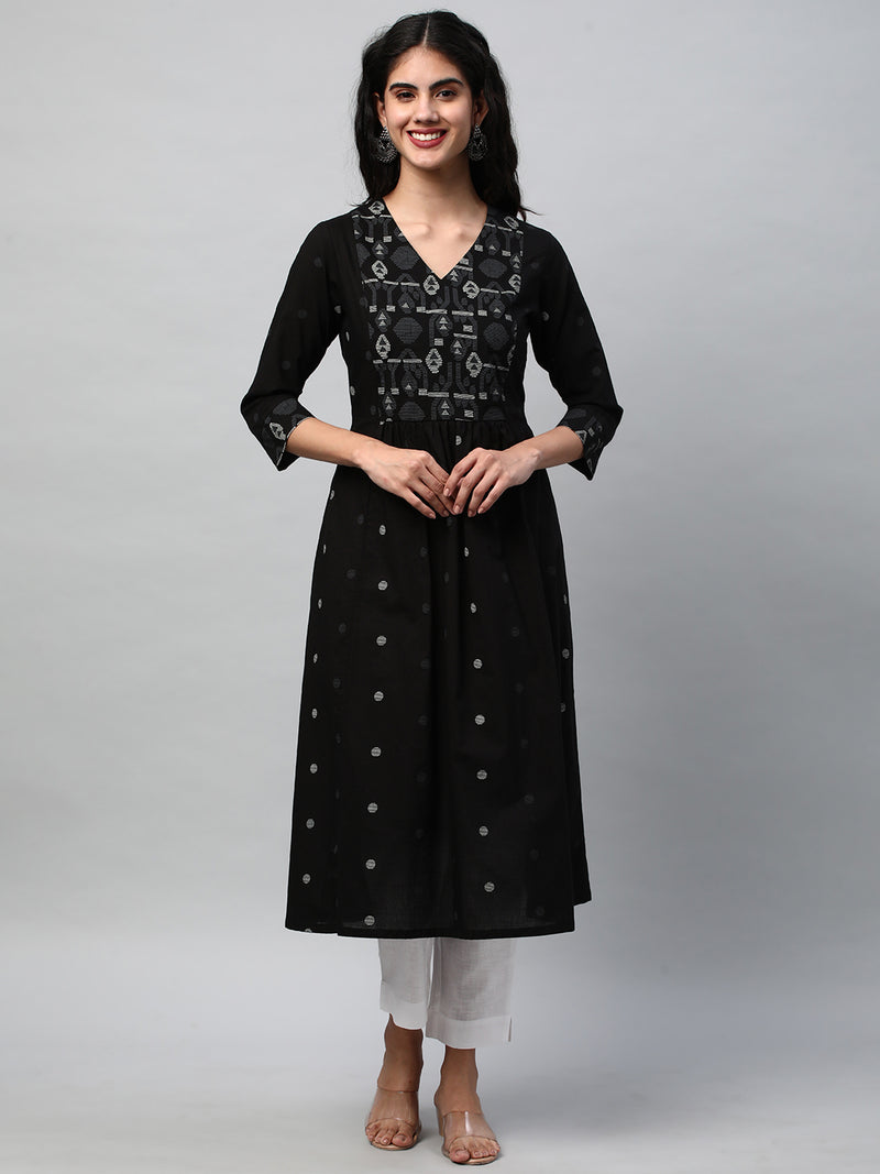 A-line kurta in black cotton Jamdani print with matching yoke ###