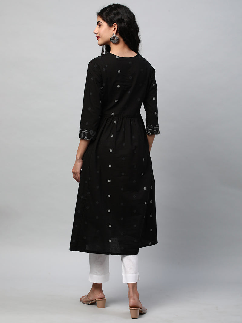 A-line kurta in black cotton Jamdani print with matching yoke ###