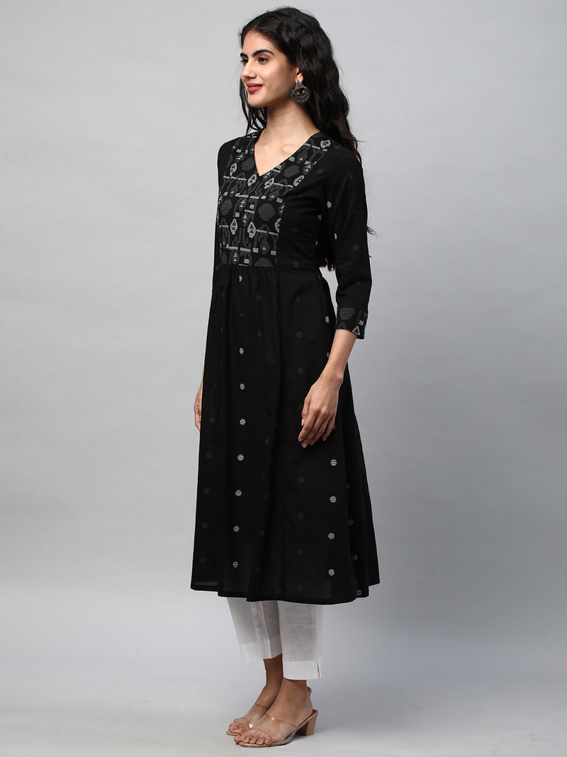 A-line kurta in black cotton Jamdani print with matching yoke ###