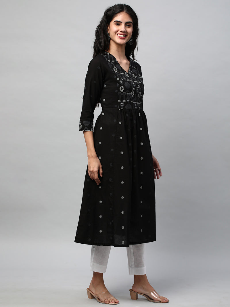 A-line kurta in black cotton Jamdani print with matching yoke ###