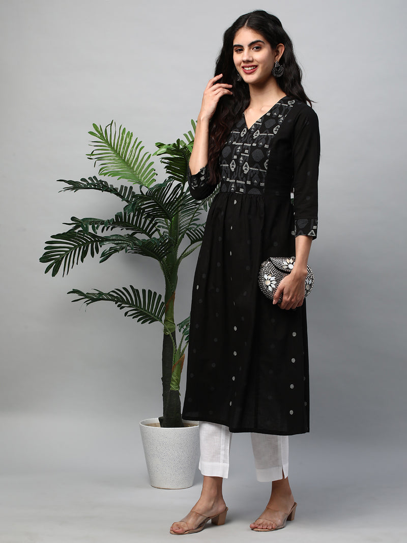 A-line kurta in black cotton Jamdani print with matching yoke ###