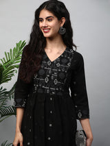 A-line kurta in black cotton Jamdani print with matching yoke ###