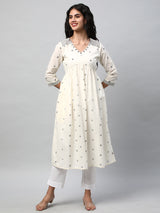 Flared kurta in cotton Jamdani print with mirrorwork embellishment