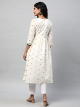 Flared kurta in cotton Jamdani print with mirrorwork embellishment