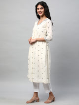 Flared kurta in cotton Jamdani print with mirrorwork embellishment