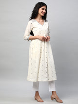 Flared kurta in cotton Jamdani print with mirrorwork embellishment