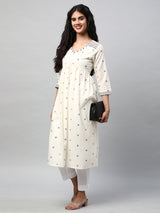 Flared kurta in cotton Jamdani print with mirrorwork embellishment