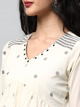 Flared kurta in cotton Jamdani print with mirrorwork embellishment