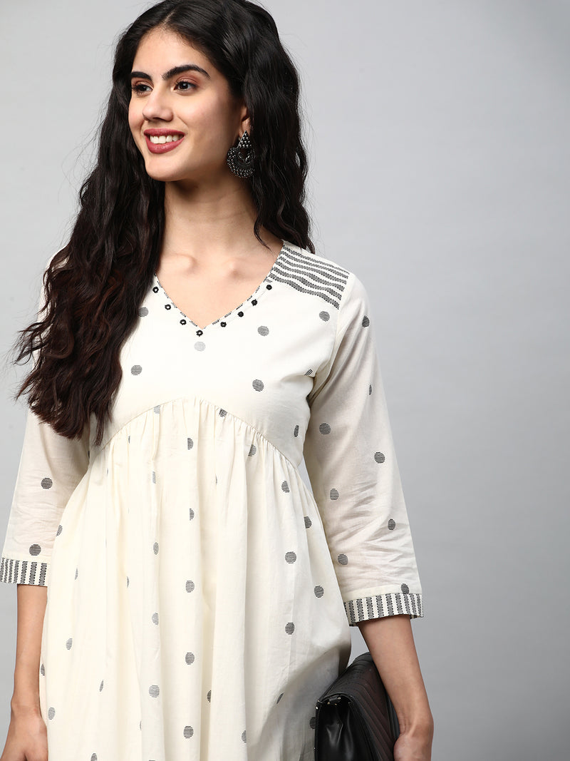 Flared kurta in cotton Jamdani print with mirrorwork embellishment