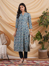 Indigo color printed flare kurta in cotton with smart placket neckline.