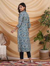 Indigo color printed flare kurta in cotton with smart placket neckline.