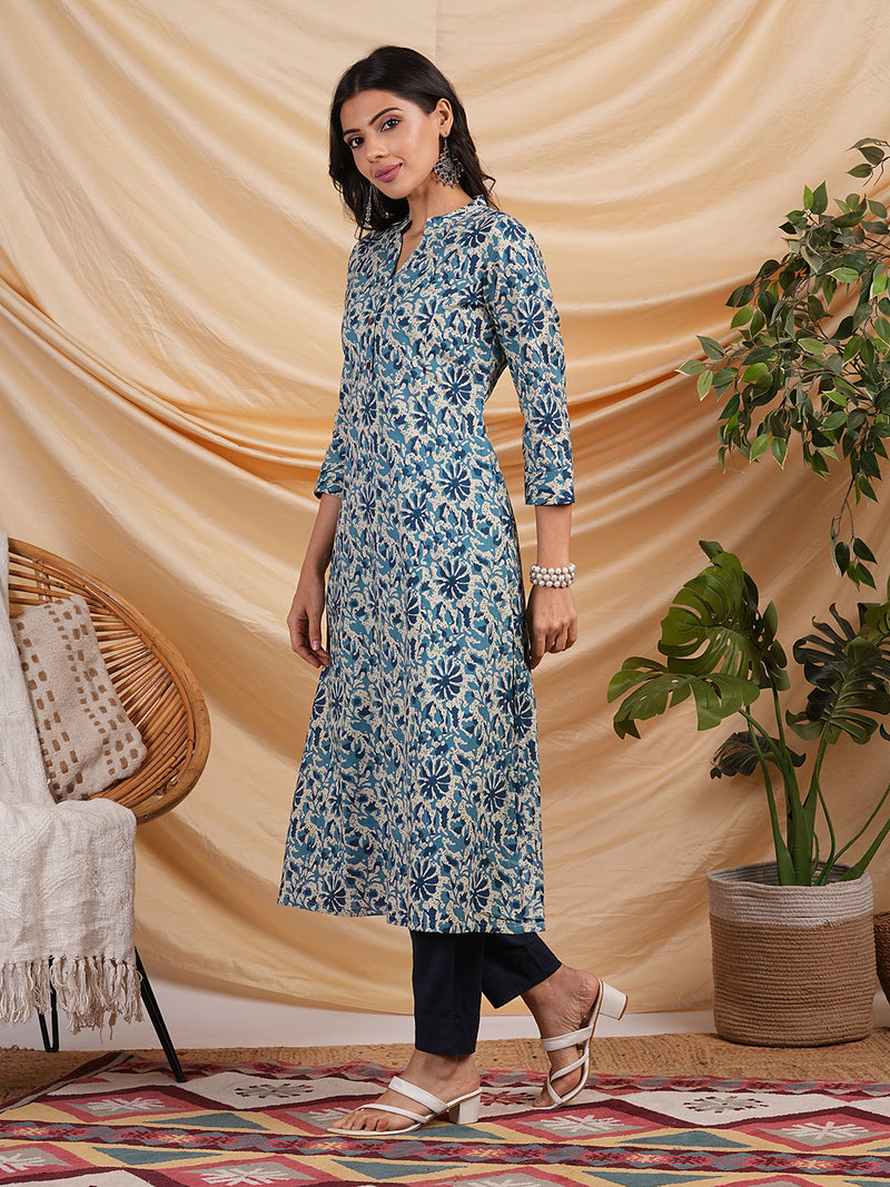 Indigo color printed flare kurta in cotton with smart placket neckline.