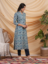 Indigo color printed flare kurta in cotton with smart placket neckline.