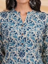 Indigo color printed flare kurta in cotton with smart placket neckline.