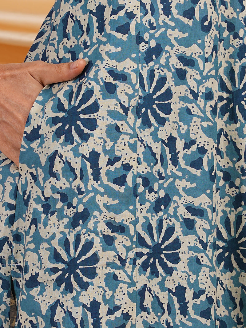 Indigo color printed flare kurta in cotton with smart placket neckline.