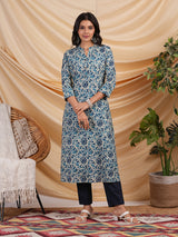 Indigo color printed flare kurta in cotton with smart placket neckline.