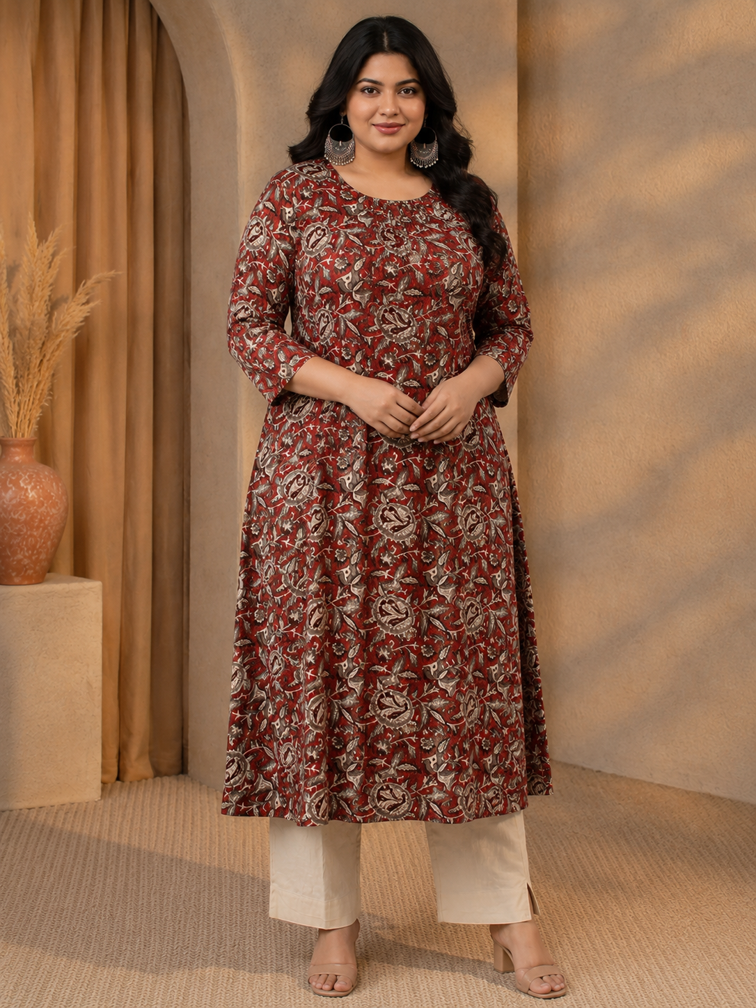 Plus Size- Elegant A-Line Cotton Kurta Featuring All-Over Print with Center Placket
