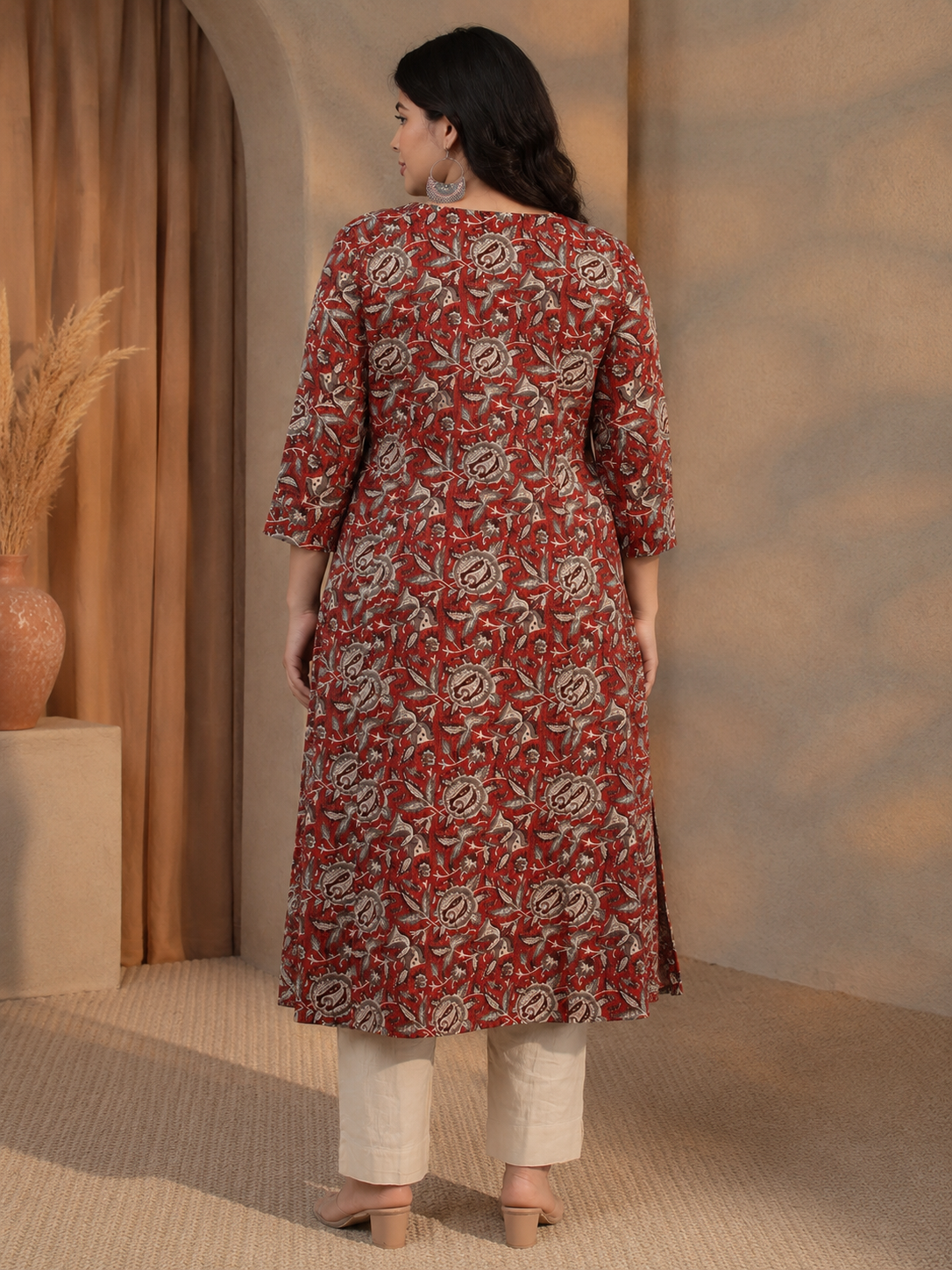 Plus Size- Elegant A-Line Cotton Kurta Featuring All-Over Print with Center Placket