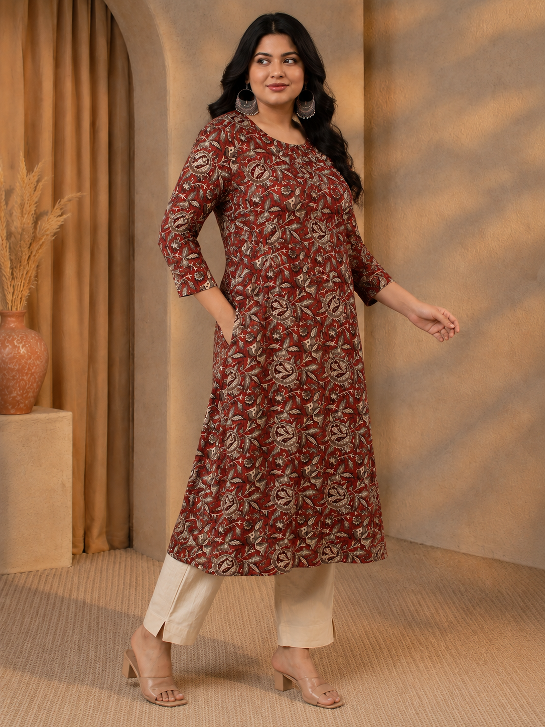 Plus Size- Elegant A-Line Cotton Kurta Featuring All-Over Print with Center Placket