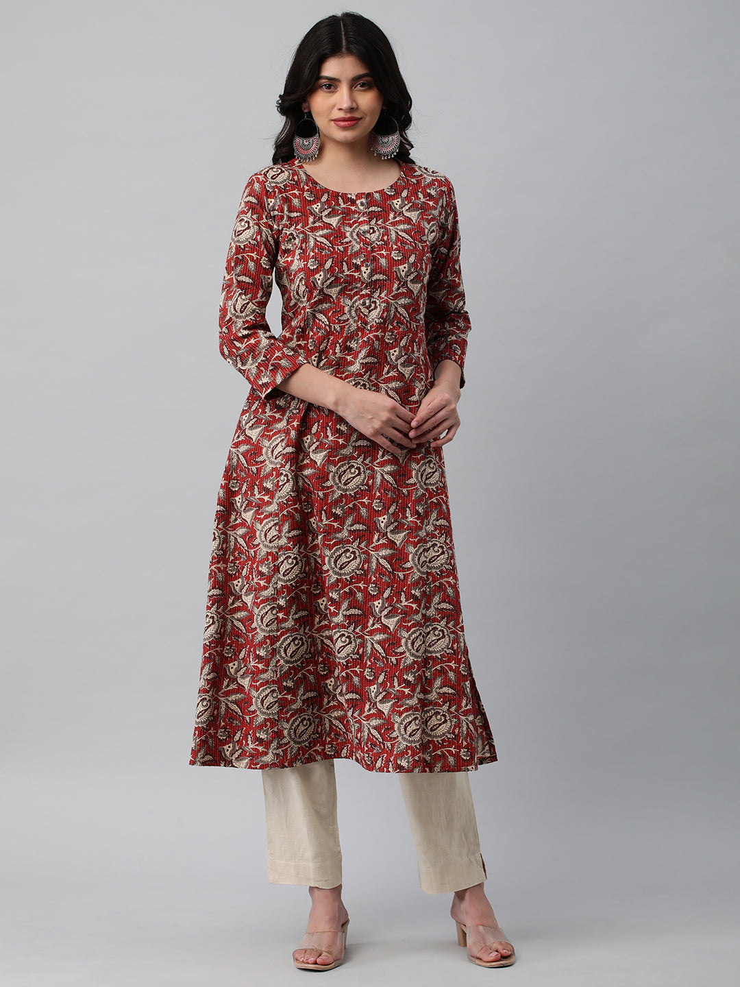 Elegant A-Line Cotton Kurta Featuring All-Over Print with Center Placket