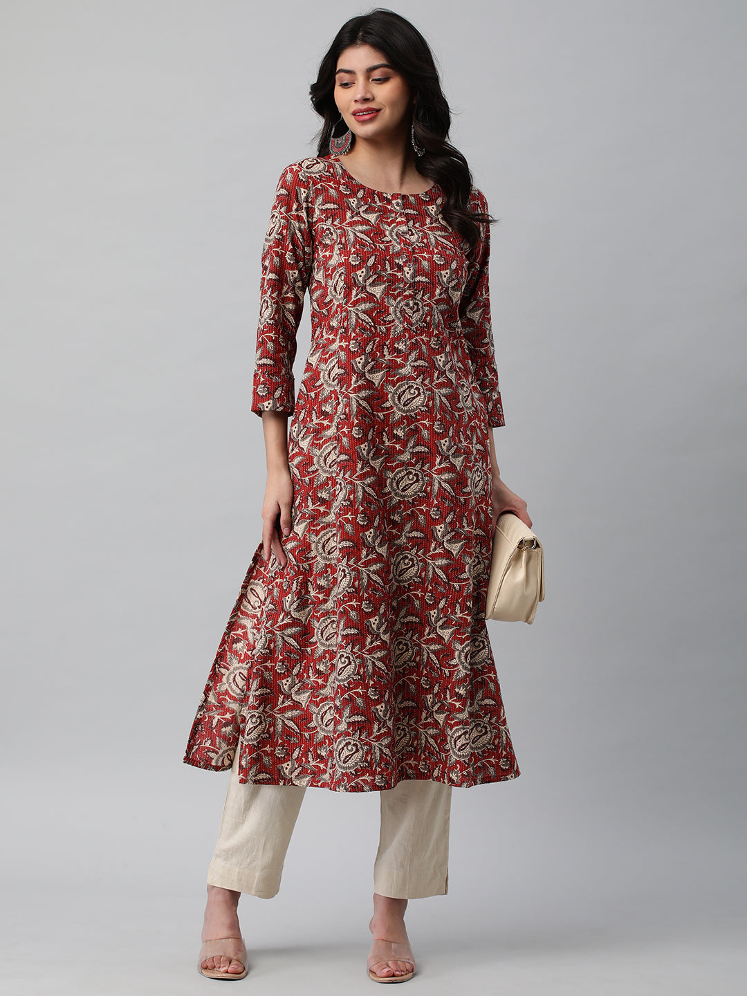 Elegant A-Line Cotton Kurta Featuring All-Over Print with Center Placket
