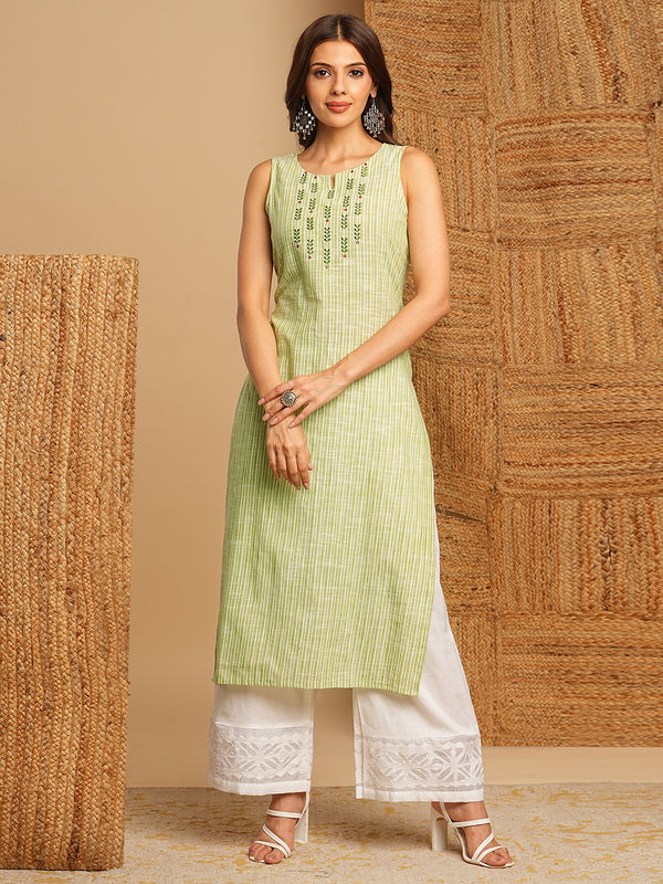 Straight cotton kurta with mirror and embroidery details on yoke.