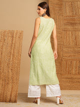 Straight cotton kurta with mirror and embroidery details on yoke.