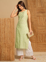 Straight cotton kurta with mirror and embroidery details on yoke.