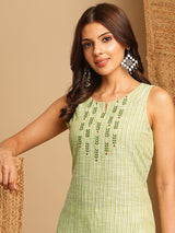 Straight cotton kurta with mirror and embroidery details on yoke.