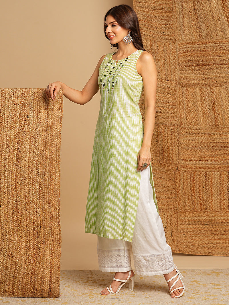 Straight cotton kurta with mirror and embroidery details on yoke.