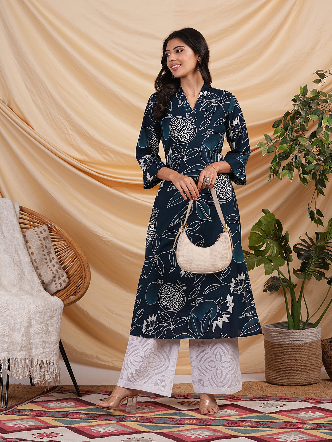 Flared bold printed flex kurta with bead works and pocket