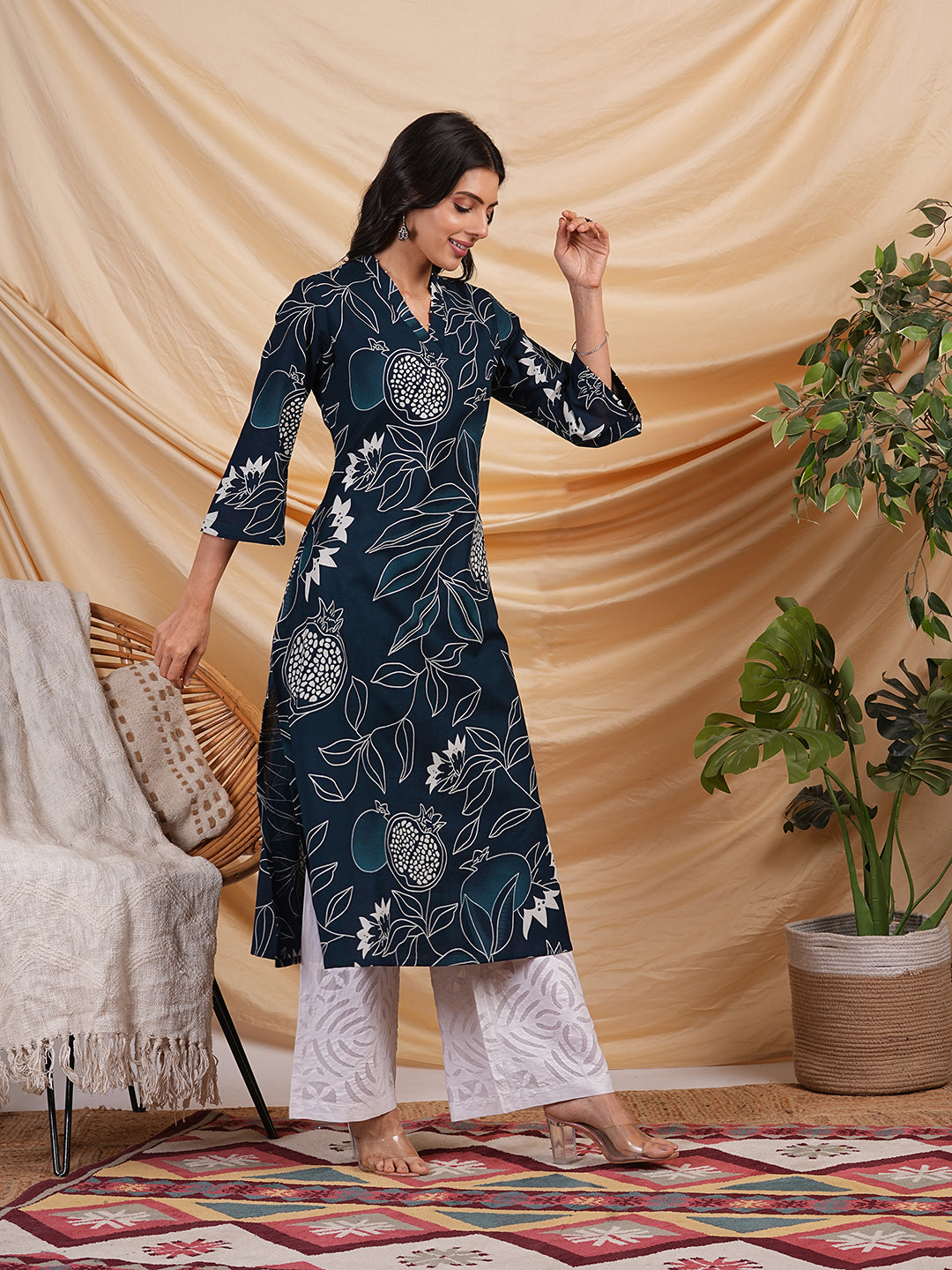 Flared bold printed flex kurta with bead works and pocket