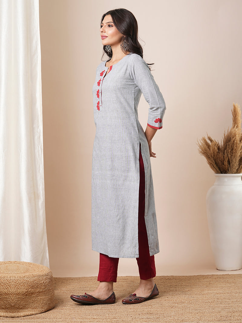 Straight fit pin stripped kurta with applique work and bead works.