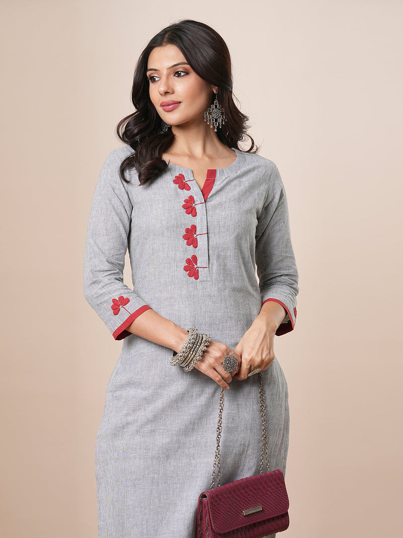 Straight fit pin stripped kurta with applique work and bead works.